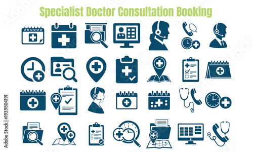 Set of icons representing specialist doctor consultation and appointment booking process