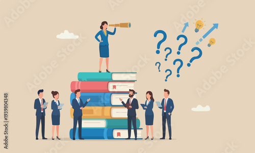 Book or education teams together pillars help career advancement, knowledge or wisdom for business visionary, leadership or opportunity concept, confidence businesswoman leader on high books stack loo