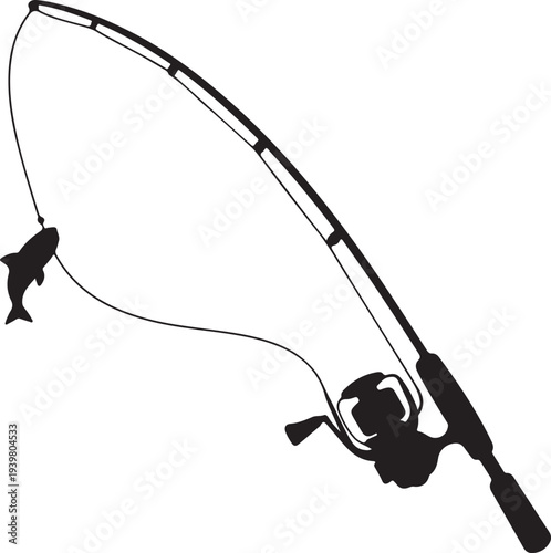 Detailed Silhouette of a Fishing Rod with a Fish Hooked and Reeled In