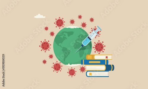 Coronavirus vaccine big books planting on USA United States map on green sickness planet earth with red Coronavirus COVID-19 pathogen around.