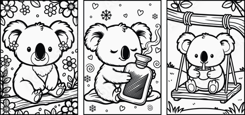 Cute koala coloring pages for kids, adorable cartoon koala sitting with flowers, hugging hot water bottle, drinking tea on swing, black and white printable animal coloring book vector