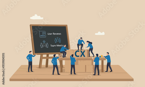  Customer with blue team uniform building cube wooden block with acronym CX on table with blackboard, user review or feedback.