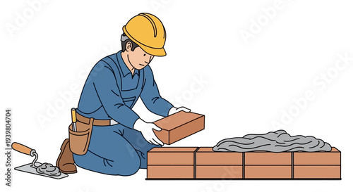 Bricklayer laying bricks construction worker building.