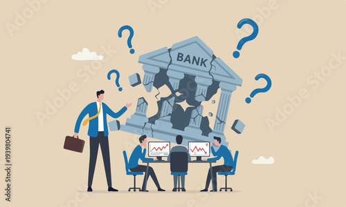 Banking bankruptcy,meeting teams together failure investment failure concept, frustrated businessman look at collapsing bank building