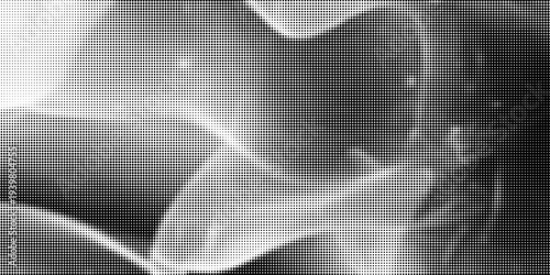 Grunge halftone gradient background. Faded grit noise texture. White and black sand wallpaper. Retro pixelated backdrop. Anime or manga style comic overlay. Vector graphic design textured template