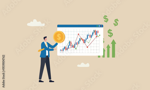 Stock market, technical analysis to buy and sell stock to earn profit, investment or wealth management, trend following concept, businessman trader hold money dollar coin with chart and graph