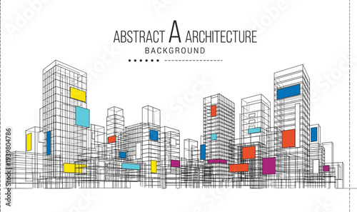 Abstract architectural background featuring a 3D city skyline wireframe with vibrant multi-colored media panels for digital advertising and smart city concepts.