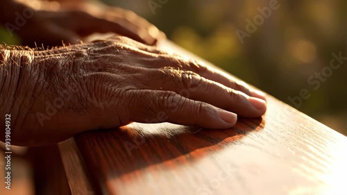 Elderly hand touching and sliding along wooden railing in warm sunlight for aging and memory content
