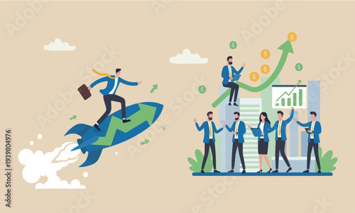  Financial The is modern, flat design with clean lines and minimal shading. for success concept, businessman riding rocket booster with growth arrow