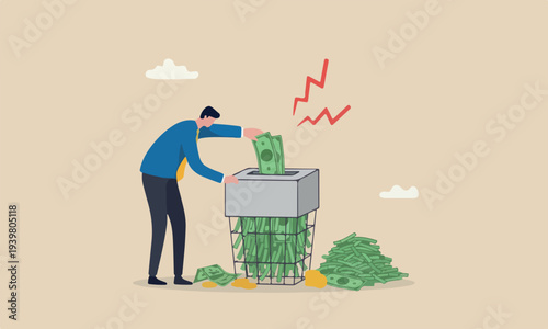 : Money shred, fraud causing losing money, mistake or financial failure spending concept, businessman hand feed banknote money into shredder to destroy losing all his wealth.