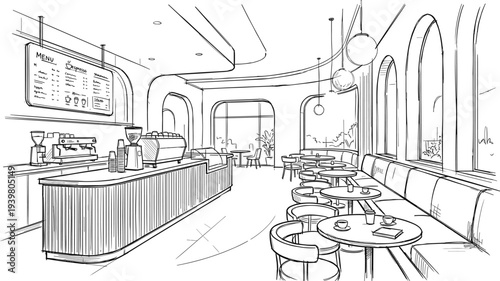 Architectural sketch of a modern upscale cafe featuring a fluted wood service counter, curved seating, and large arched windows in a perspective view.