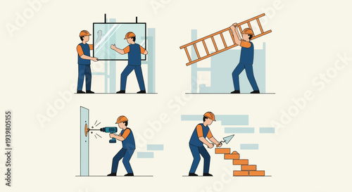 construction worker renovating house carrying ladder drilling wall working.