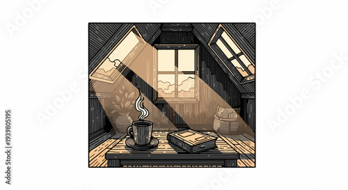 Attic room interior with skylights coffee cup and book on wooden table