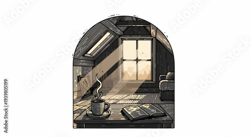 Arched attic interior with sunbeam steaming mug and open book on table
