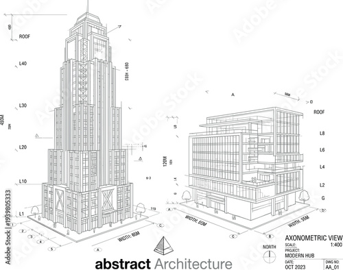 Axonometric technical architectural study featuring a modern skyscraper and multi-story hub with structural floor markers, compass orientation, and isometric scale labels.