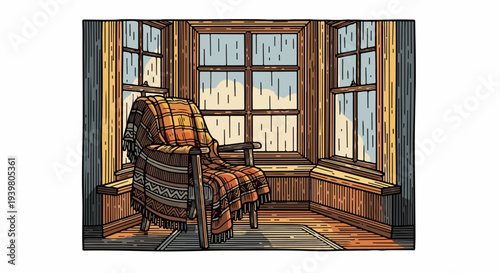 Rocking chair with patterned throw in bay window room