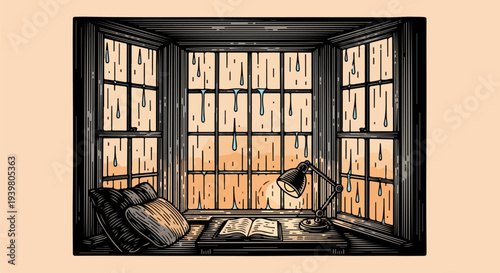 Wood framed bay window with raindrops desk lamp open book and pillows