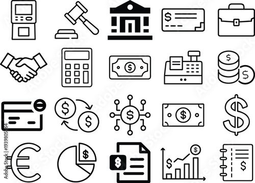 Finance and Banking Icons: ATM, Gavel, Bank, Check, Briefcase, and Mon