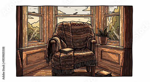 Armchair with patterned throw in wooden bay window with plant and books