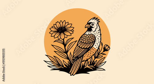 Bird beside sunflower and leaves in vintage line art illustration