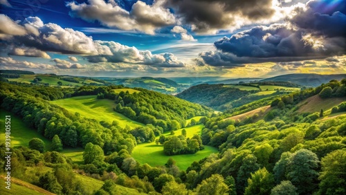 A photo of a serene valley with rolling hills covered in lush green trees extending into the distance The sky above is a clear blue with fluffy white