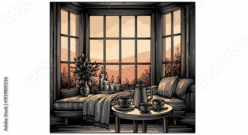 Window seat with blanket tray teapot cups candles and plant illustration