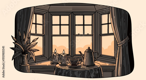Bay window with table teapot cup candles and plant illustration