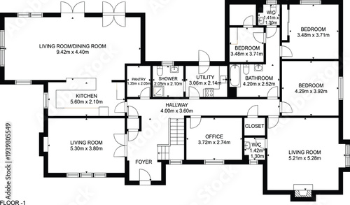 Comprehensive single-level residential house floor plan with large open living space, multiple bedrooms, and office layout for real estate property design.