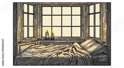 Window bed nook with blanket pillow and two candles illustration
