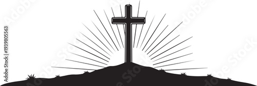Silhouette of a cross on a hill with sun rays