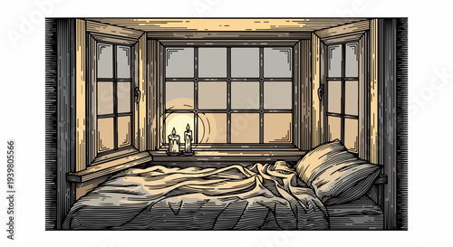 Wooden window bed nook with blanket pillow and candles illustration
