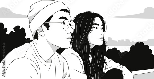 A young man wearing glasses and a beanie sitting next to a young woman with long dark hair, observing their surroundings with a thoughtful expression