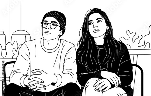 A young man wearing glasses and a beanie sitting next to a young woman with long dark hair, observing their surroundings with a thoughtful expression