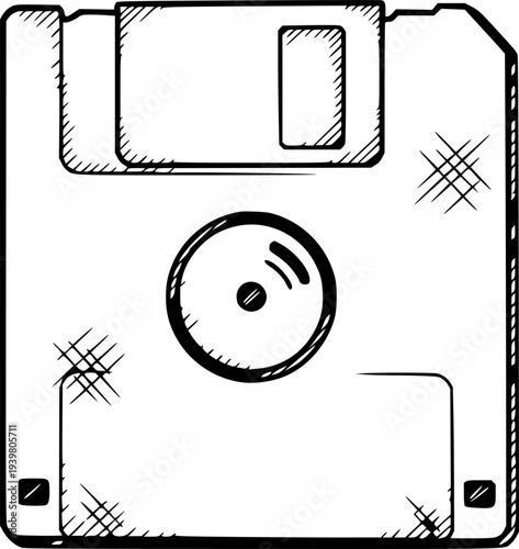 A hand drawn floppy disk icon representing vintage computer data storage and digital saving