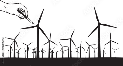 Hand drawing wind turbines with a pencil illustration concept