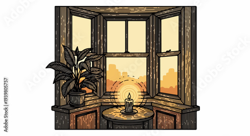 Bay window with potted plant and candle on round table at sunset illustration