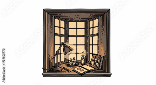 Desk setup in bay window with lamp candles and books illustration