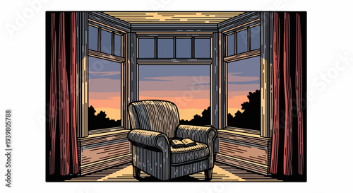 Armchair in bay window with curtains and open book at sunset illustration