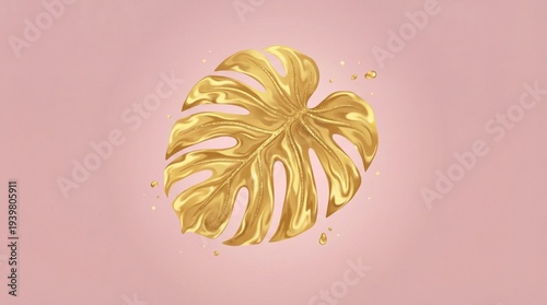 Centered digital illustration showcasing a radiant gold monstera leaf with delicate splatters against a soft pink backdrop, viewed from an angled perspective