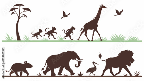 African Safari Wildlife Evolution Progression Silhouette Set for Nature Education and Travel Web Design Projects