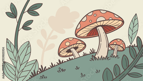 Whimsical Woodland Scene with Giant Red and White Toadstools for Fantasy Game Design or Children's Book Illustration Background