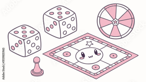 Cute Pink Board Game Pieces Dice Spinner Pawn for Kids Party Flyer Web Design Fun Activity Illustration
