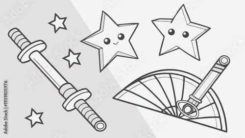 Kawaii Magical Girl Props Coloring Page Cute Sword Fan Stars Outline for Kids Activity Book Design