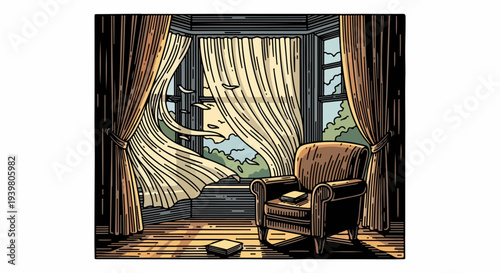 Armchair beside bay window with curtains blowing and books