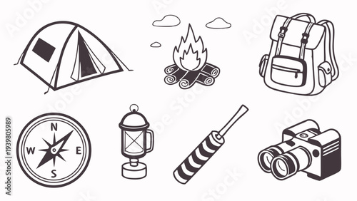Outdoor Camping Adventure Gear Icons Set Tent Fire Compass for Travel Web Design Illustration