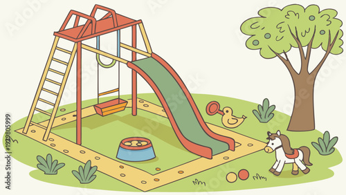 Childhood Playground Fun Slide Swings Toy Horse Outdoor Park Scene for Family Recreation and Kids Activity Design