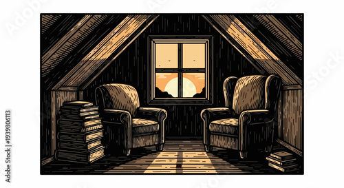 Attic room with two armchairs book stack and sunset window illustration