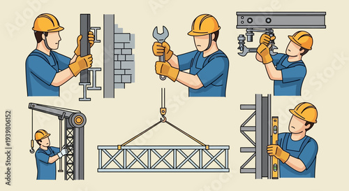 Construction worker assembling metal frame set.