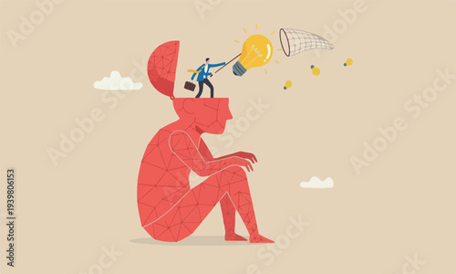  New creative, ideation solution or innovation, development or learn skills concept, businessman open his head to using butterfly net to cat light bulb idea