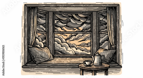 Window seat with pillows curtains and tea set under cloudy sky illustration
